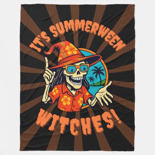 Summerween Witch Skeleton in Tropical Witch Hat 2  Fleece Deken (Voorkant)