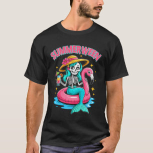 Summerween Zeemeermin Skelet Halloween Flamingo Su T-shirt