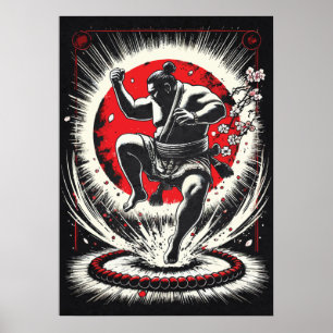 Sumoworstelaar in Rode Maan, Japanse Anime Kunst Poster