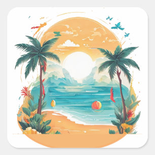 Sun Beach palmboom Vierkante Sticker