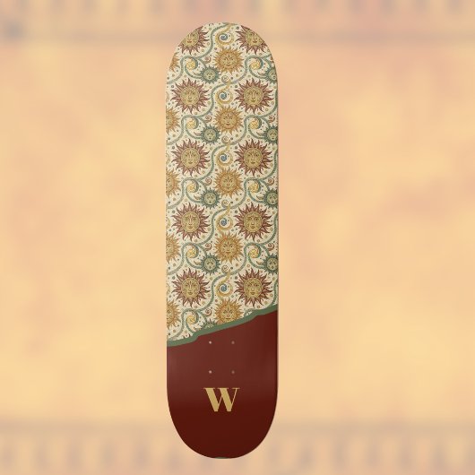 Sun Celestial  Bourgondië Groen Gouden Patroon Skateboard