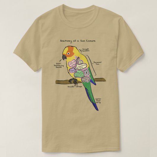 Sun Conure Funny Parrot Anatomie van een Sun Conur T-shirt (Design voorkant)