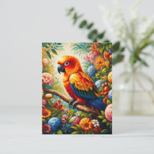 Sun Conure Parrot met kleurrijke bloemen Briefkaart (Staand voorkant)