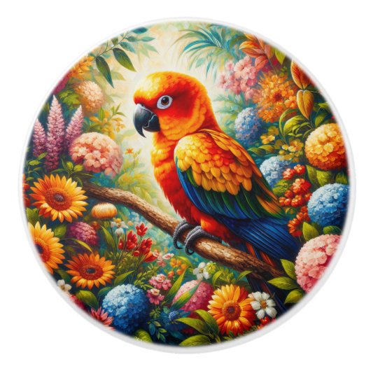 Sun Conure Parrot met kleurrijke bloemen Keramische Knop (Voorkant)