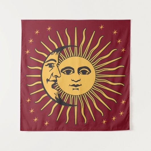Sun en Moon Face Bohemian gold & red Wandkleed (Voorkant)