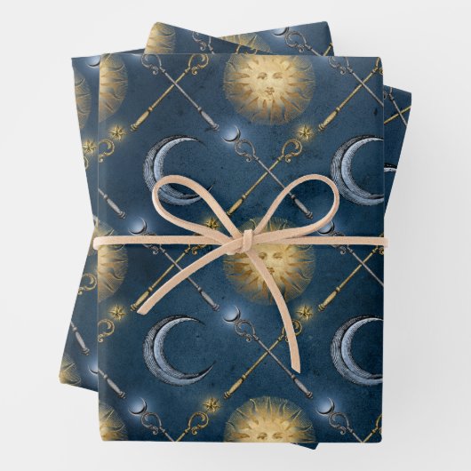 Sun en Moon Pattern op Blue Inpakpapier Vel (In situ)