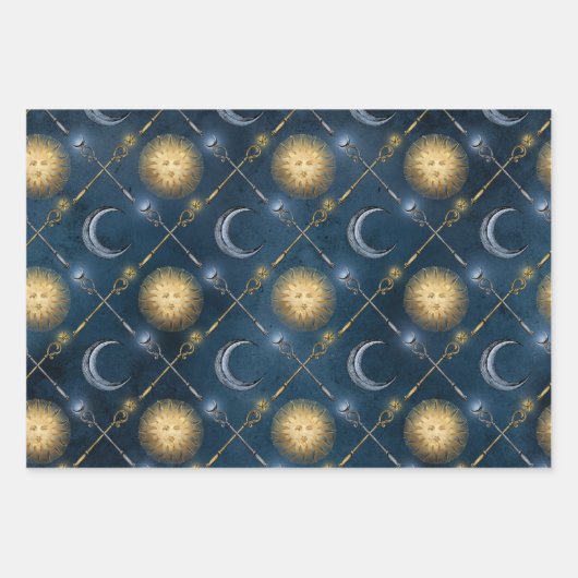 Sun en Moon Pattern op Blue Inpakpapier Vel (Voorkant)