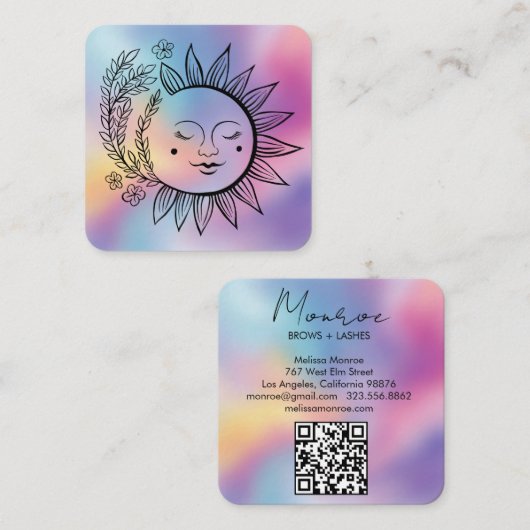 Sun Floral Boho Line Art Elegant QR Code Rainbow  Vierkante Visitekaartje (Voorkant / Achterkant)