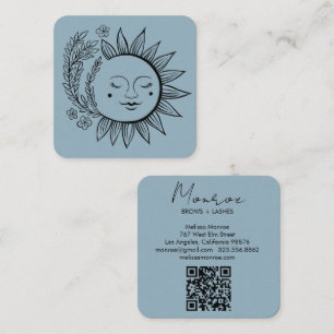 Sun Floral Boho Line Art Elegante QR Code Blauw Vierkante Visitekaartje