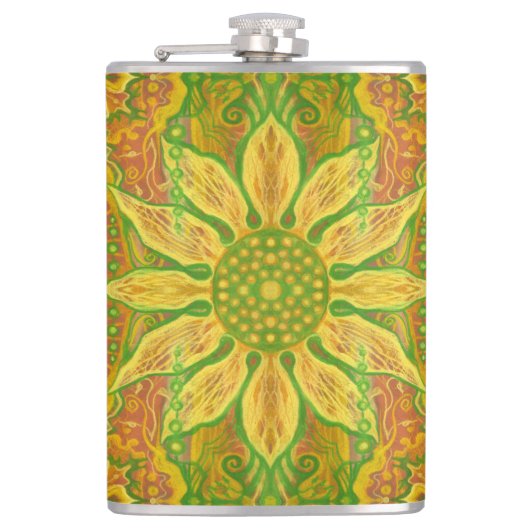 Sun Flower bohemian floral art yellow green sinaas Heupfles (Voorkant)