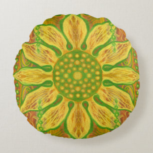 Sun Flower bohemian floral art yellow green sinaas Rond Kussen