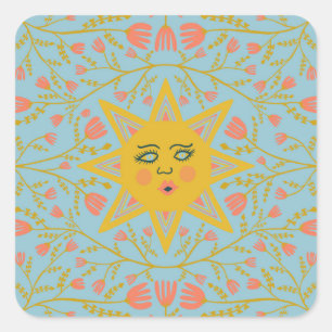 Sun & Flowering Vines Pattern Blue Vierkante Sticker