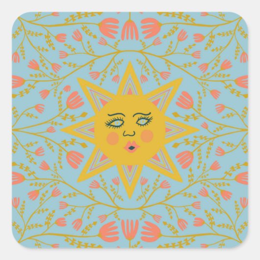 Sun & Flowering Vines Pattern Blue Vierkante Sticker (Voorkant)