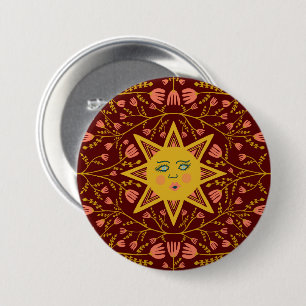 Sun & Flowering Vines Pattern Boho Burgundy Ronde Button 7,6 Cm
