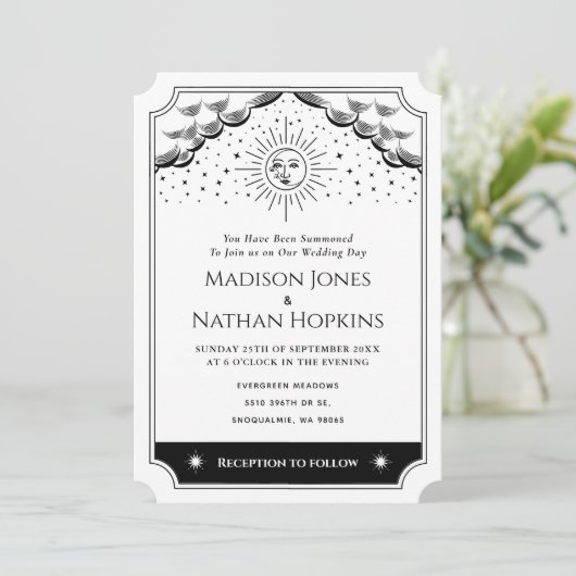 Sun & Moon Black & White Tarot Uitnodiging (Staand voorkant)