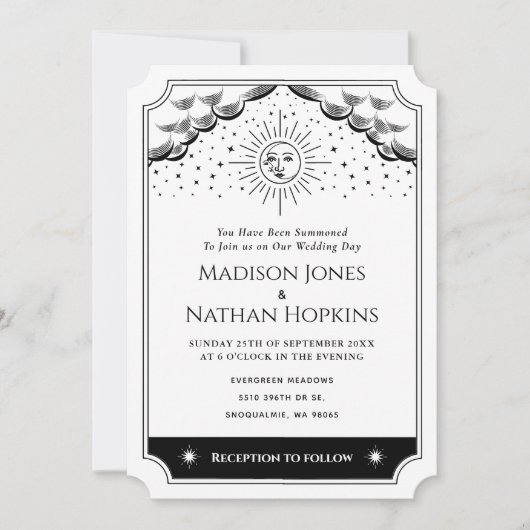 Sun & Moon Black & White Tarot Uitnodiging (Voorkant)