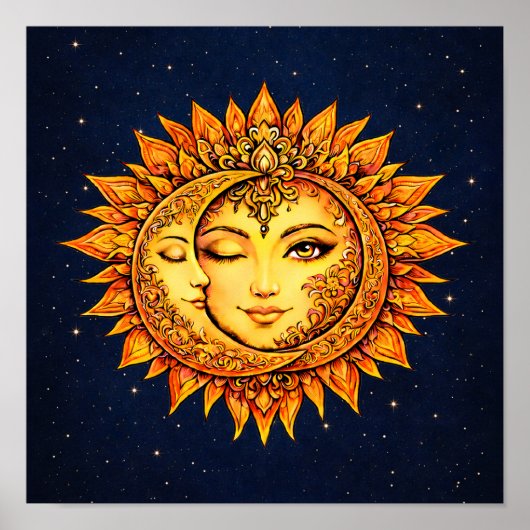Sun Moon Boho Goddess | Celestial Face Mandala Art Poster (Voorkant)