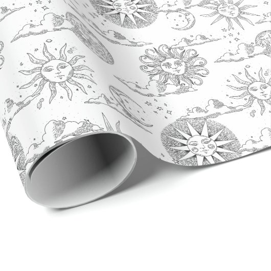 Sun Moon Celestial Pattern Black and White Cadeaupapier (Rol Hoek)