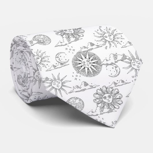 Sun Moon Celestial Pattern Black and White Stropdas (Opgerold)