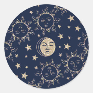Sun & Moon Retro Magic Navy Blue Vintage Celestial Ronde Sticker