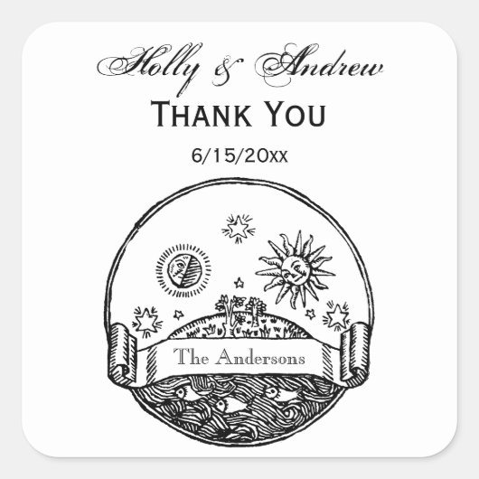  Sun Moon Stars Ocean Planet Earth Tekening Vierkante Sticker (Voorkant)