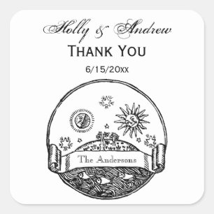  Sun Moon Stars Ocean Planet Earth Tekening Vierkante Sticker