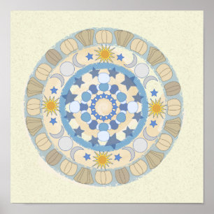 Sun Moon Stars Yellow en Blue Mandala Print