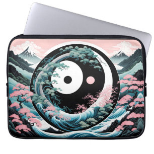 Sun Moon Wave Floral Mountain Roze Sage Blauwgroen Laptop Sleeve