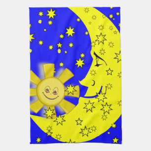 Sun Moon Yellow Stars Blue Kitchen Hand Towel Theedoek