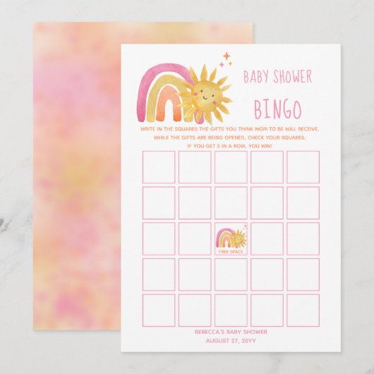 Sun | Rainbow Sunshine Baby shower Bingo Kaart (Voorkant / Achterkant)
