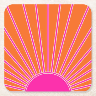 Sun Sunrise Oranje en Hot Pink Preppy Sunshine Vierkante Kartonnen Onderzetter