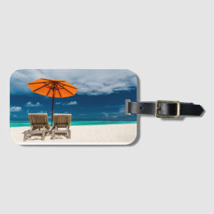 Sun Umbrella op zandstrand  Malediven Bagagelabel