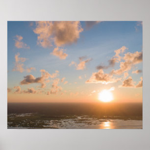 Sunbeams, Sunrise, Blue Sky, Fluffy Clouds Afbeeld Poster