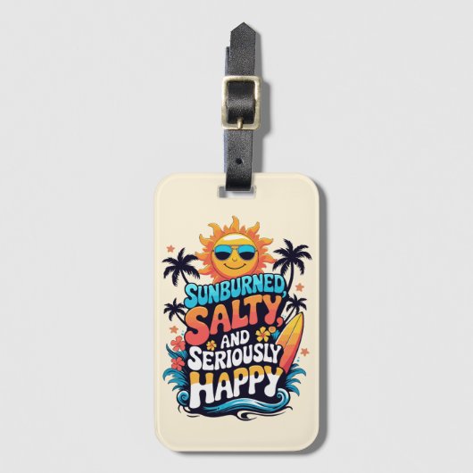 Sunburned Salty and Happy – Retro Beach Vibes Bagagelabel (Voorkant (verticaal))