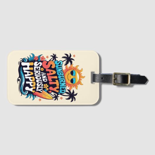 Sunburned Salty and Happy – Retro Beach Vibes Bagagelabel (Voorkant (horizontaal))