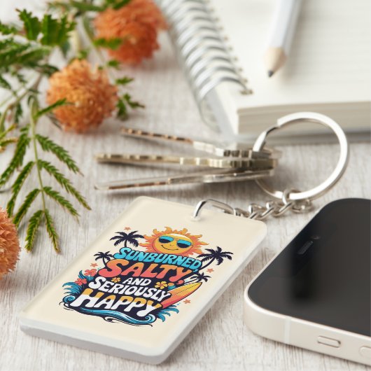 Sunburned Salty and Happy – Retro Beach Vibes Sleutelhanger (Voorkant Rechts)