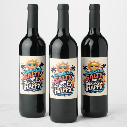 Sunburned Salty and Happy – Retro Beach Vibes Wijn Etiket (Flessen)