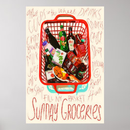 Sunday Groceries Print Red Shopping Basket, Foodie