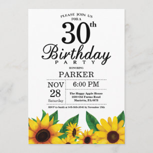 Sunflower 30th Birthday Invitation Kaart