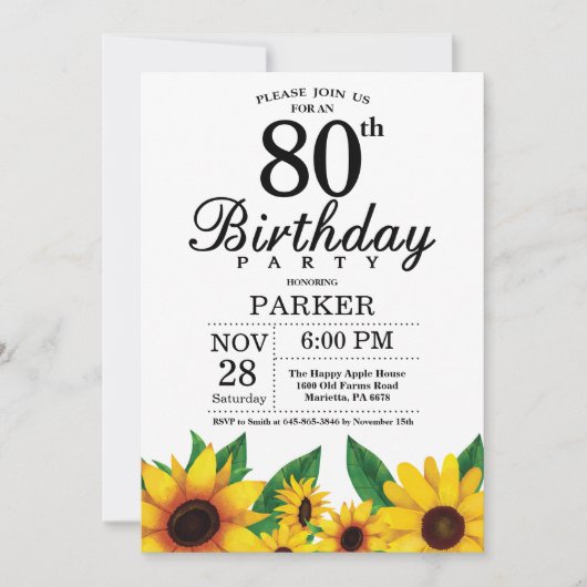 Sunflower 80th Birthday Invitation Kaart (Voorkant)