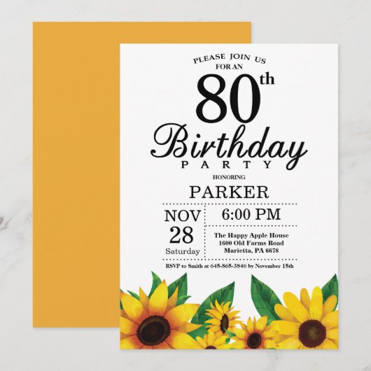 Sunflower 80th Birthday Invitation Kaart (Voorkant / Achterkant)