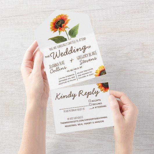 Sunflower All in One Wedding Invitation All In One Uitnodiging (Afscheurbaar)
