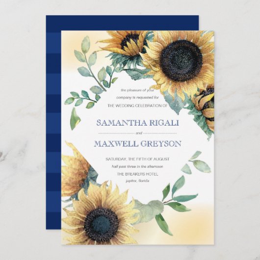 Sunflower and Navy Blue Rustic Wedding Invite Kaart (Voorkant / Achterkant)