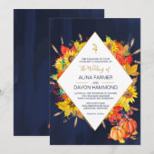Sunflower Autumn Leaves Wedding Invitation Kaart (Voorkant / Achterkant)