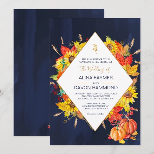 Sunflower Autumn Leaves Wedding Invitation Kaart (Voorkant / Achterkant)