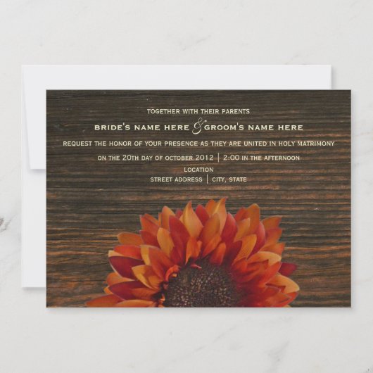 Sunflower & Barnwood Rustic Wedding Invitation Kaart (Voorkant)