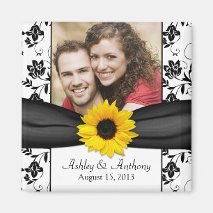 Sunflower Black and White Damask Wedding Magnet Magneet