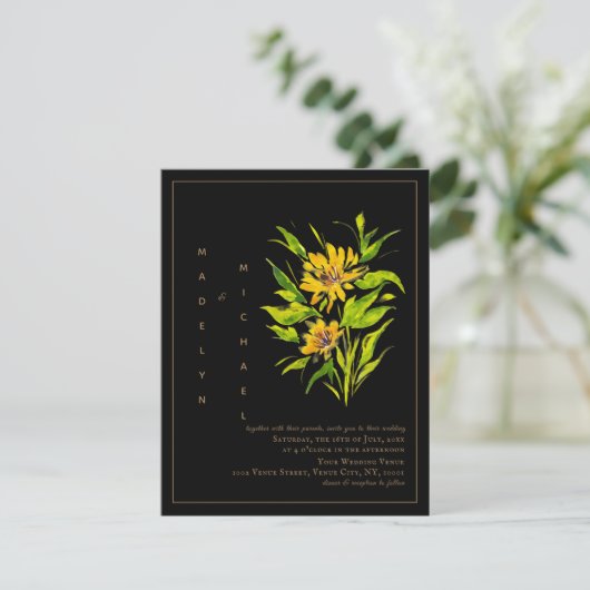 Sunflower Black Gold Script Faire-part de mariage (Debout devant)