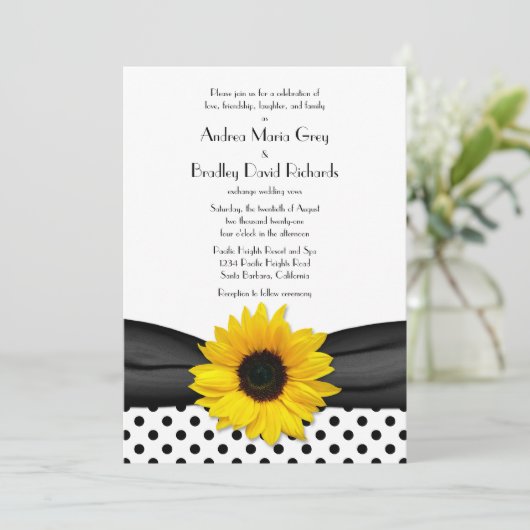 Sunflower Black White Polka Dot Ribbon Weddenschap Kaart (Staand voorkant)