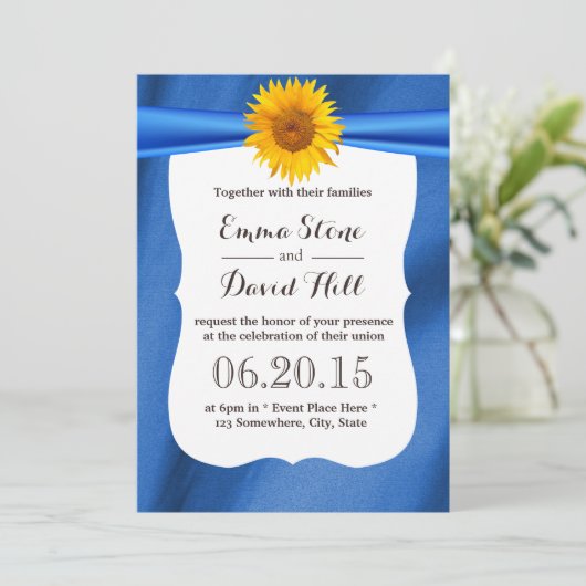 Sunflower Bleu Jaune Tissu Mariage Invitations (Debout devant)